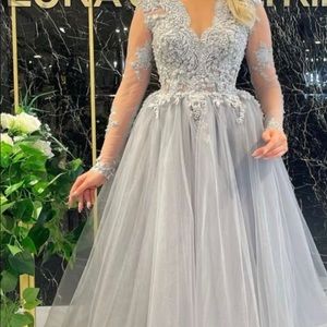 Gray tea length dress. Fully beaded top. European size 34-38